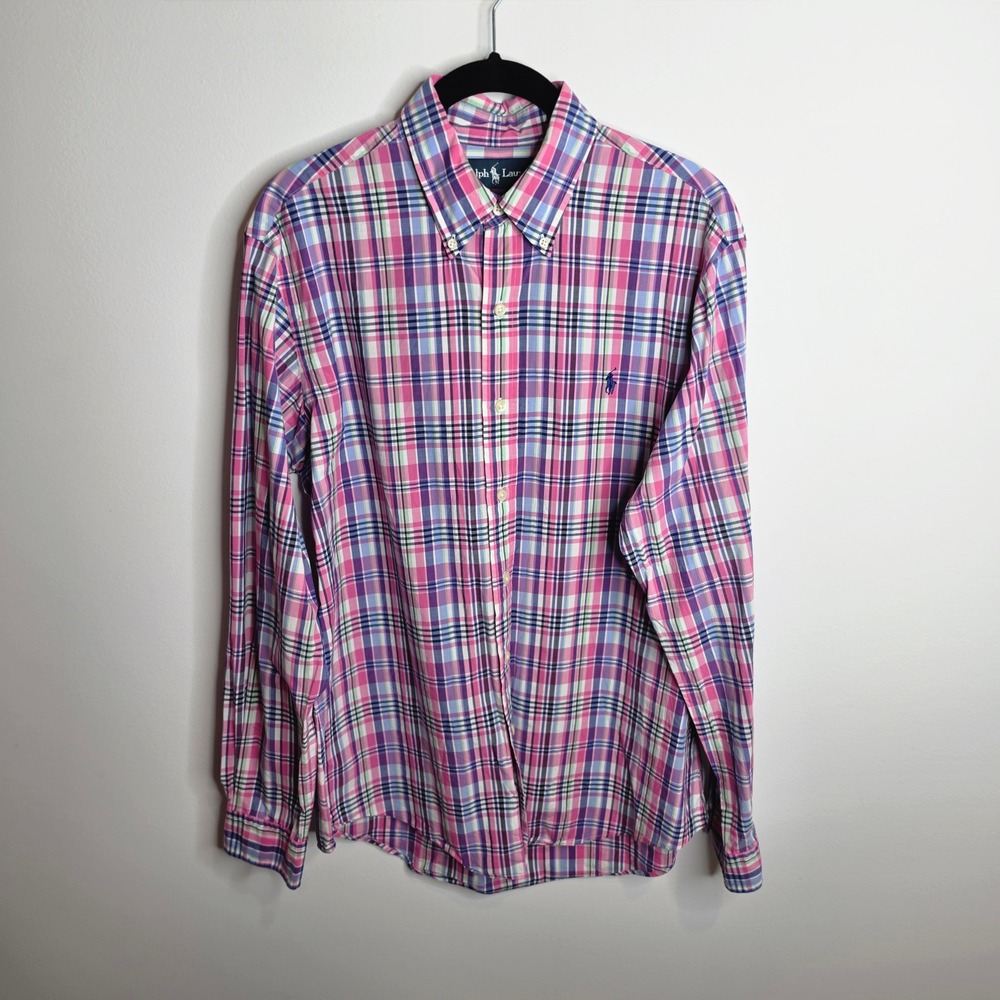 Ralph Lauren Button Down Shirt Mens Medium Custom Fit Plaid Pink Purple Multi